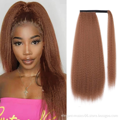 Aodal Long Ponytail Hair Extension Kinky Straight Yaki Synthetic Hairpiece Wrap In Clip Hair Extensions Pony Tail Natural Color